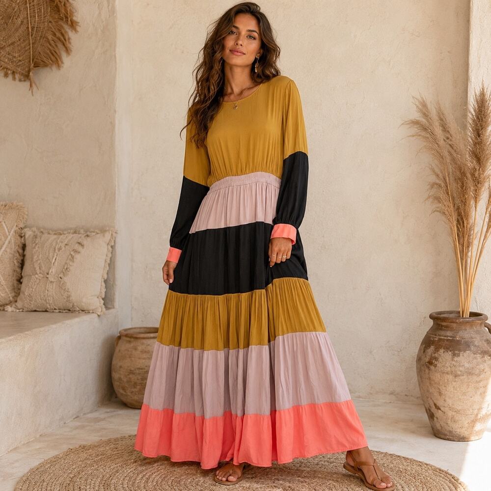 Dolan Colorblock Maxi Dress Sz M Tiered Boho Artsy Long Sleeve Lagenlook Flowy